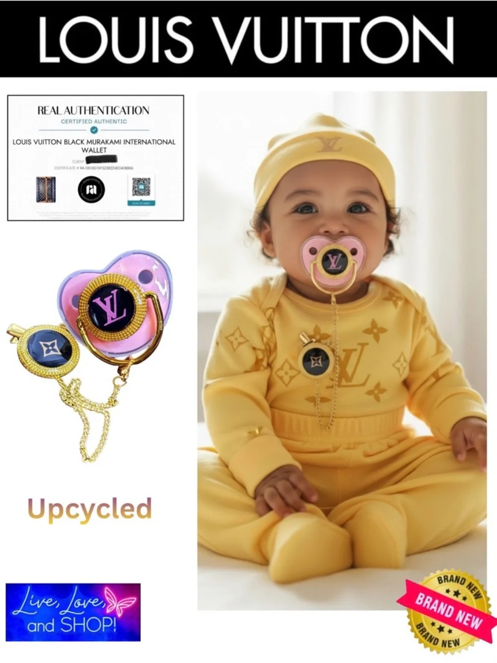 A-1DC-41: LOUIS VUITTON Murakami Upcycled Custom Pink/Yellow Pacifier w/Clip,COA